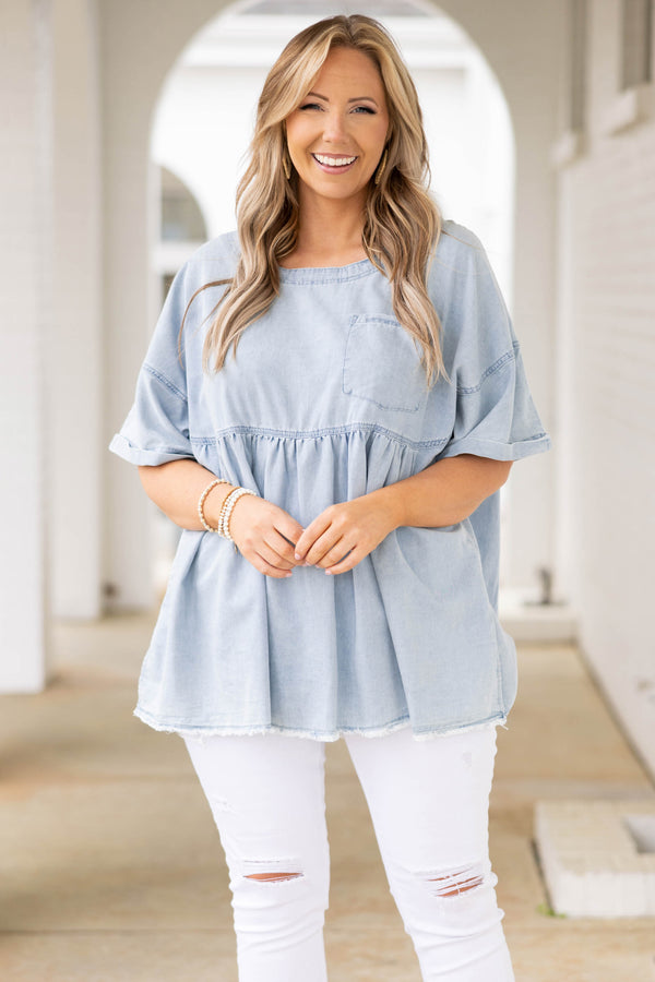 Chic Soul plus size clothing, soft denim babydoll style top with frayed hemline