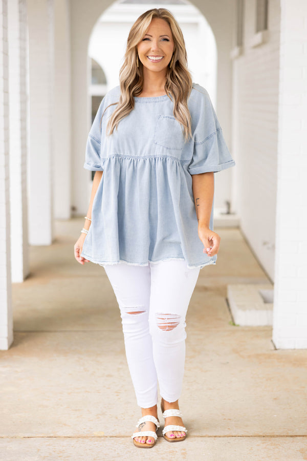 Chic Soul plus size clothing, soft denim babydoll style top with frayed hemline