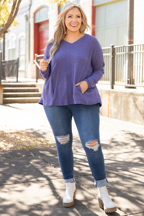 Chic Soul plus size clothing, purple v neck knit top