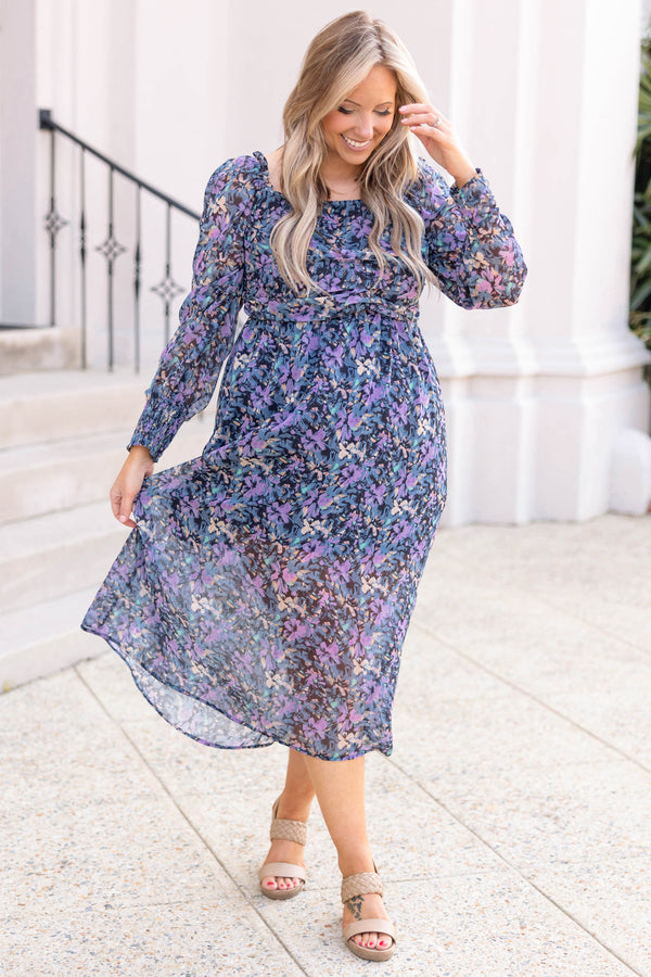 Chic Soul plus size clothing, navy orchid floral pattern midi dress with puff sleeves