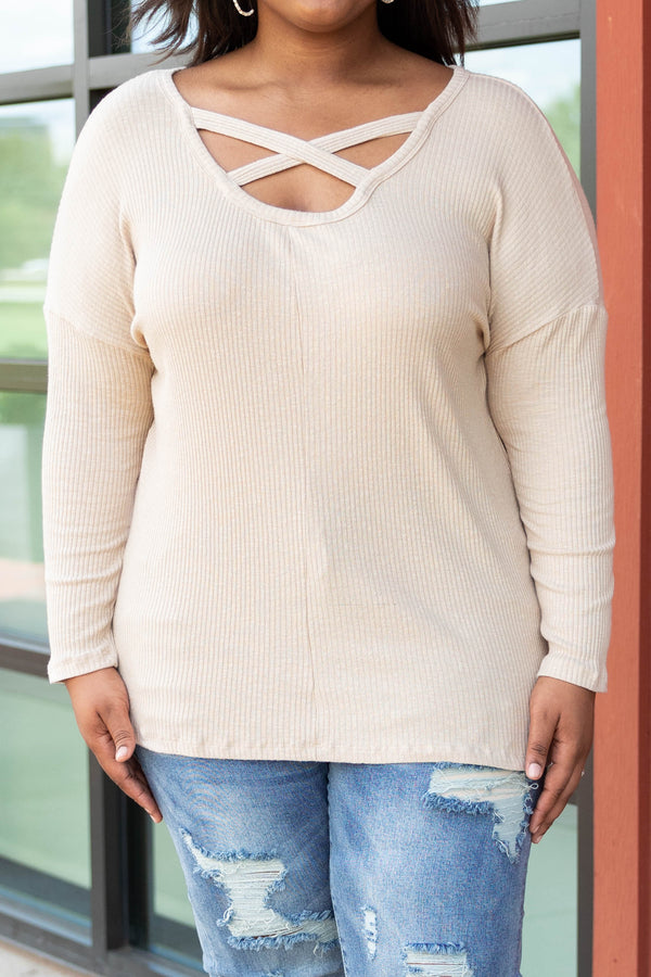 Chic Soul plus size clothing, oatmeal solid crisscross detailing at chest long sleeve top