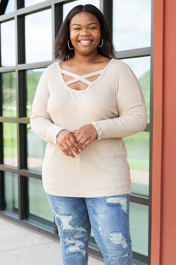 Chic Soul plus size clothing, oatmeal solid crisscross detailing at chest long sleeve top