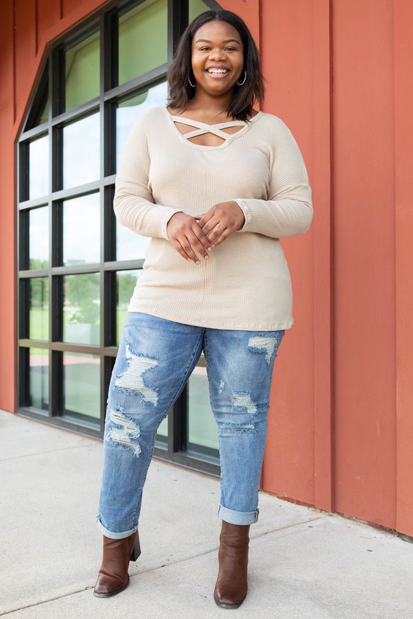 Chic Soul plus size clothing, oatmeal solid crisscross detailing at chest long sleeve top