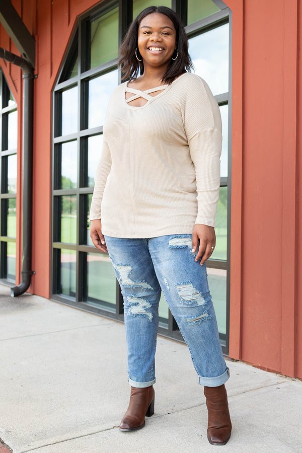 Chic Soul plus size clothing, oatmeal solid crisscross detailing at chest long sleeve top