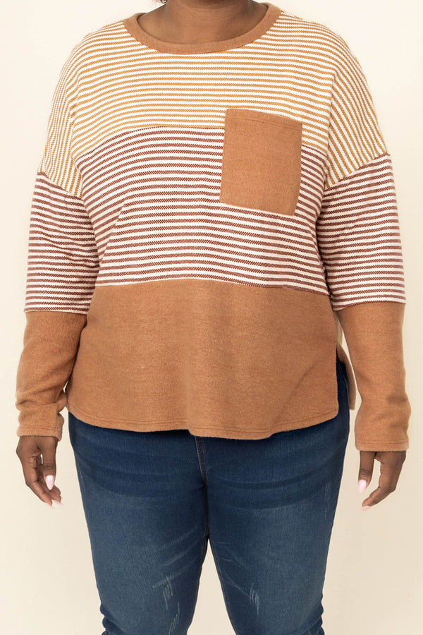 Chic Soul plus size clothing, mustard color block long sleeve top