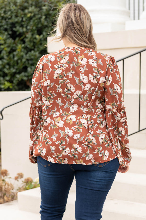 Chic Soul plus size clothing, brown floral v neck top