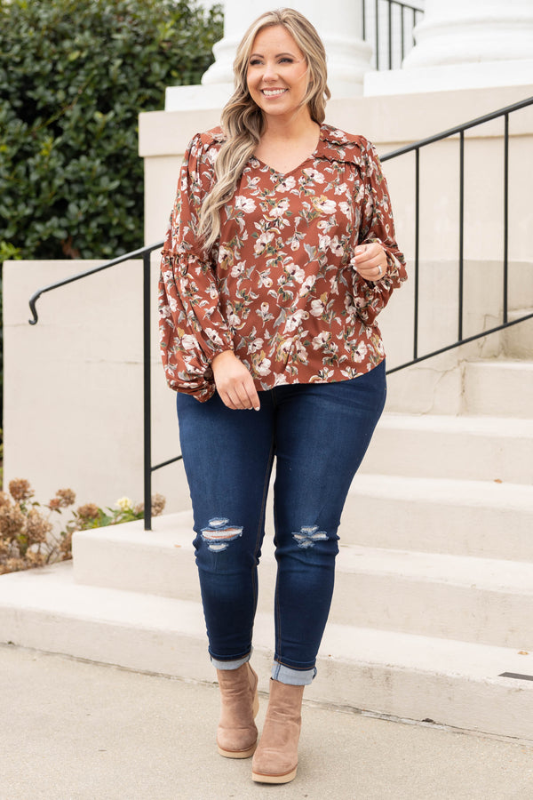 Chic Soul plus size clothing, brown floral v neck top