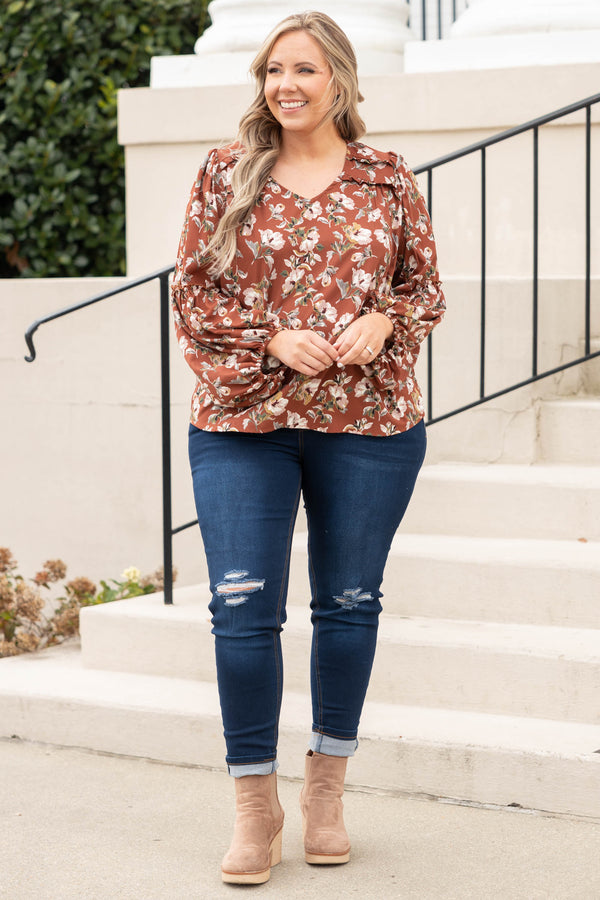 Chic Soul plus size clothing, brown floral v neck top