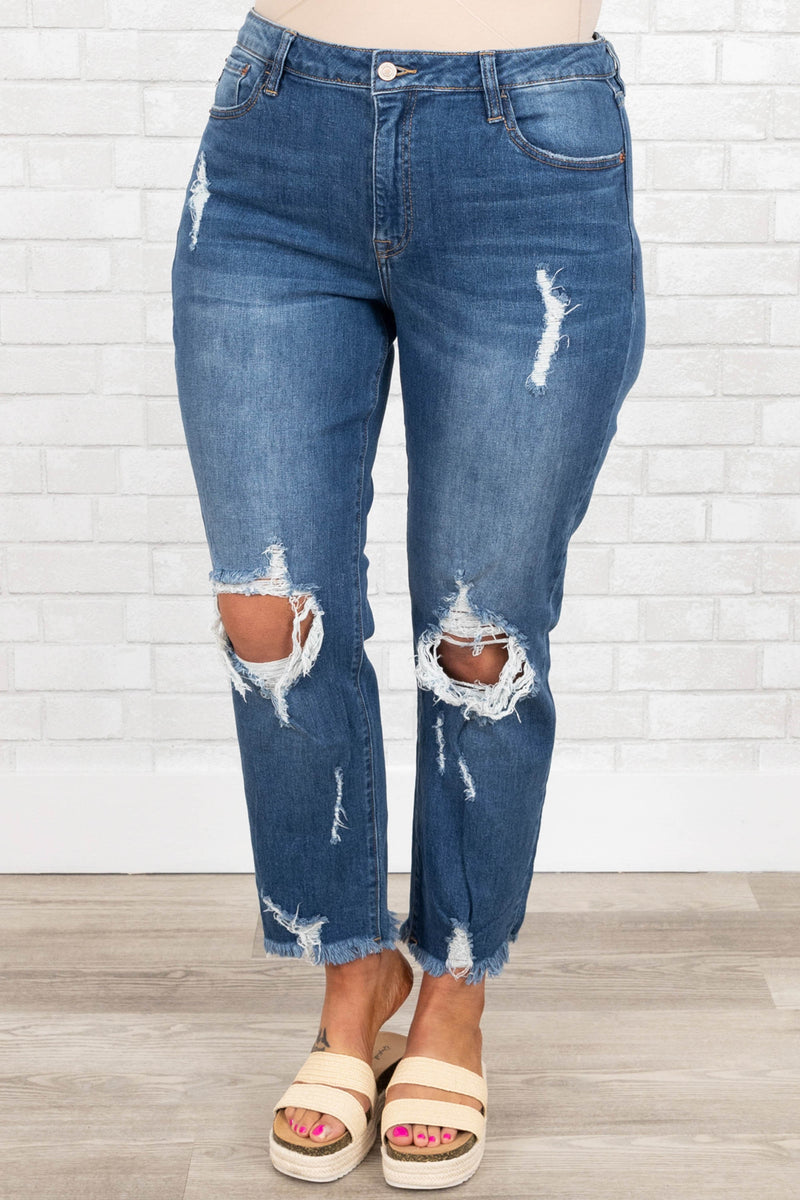 DARK WASH RIPPED JEANS