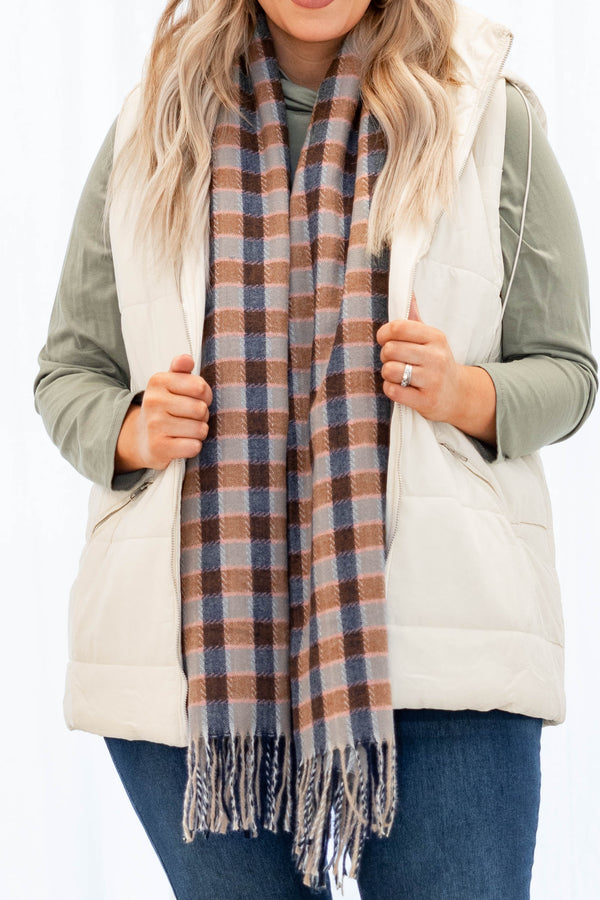 Chic Soul plus size clothing accssory shawl in yellow, brown, and blue colors in a plaid design.