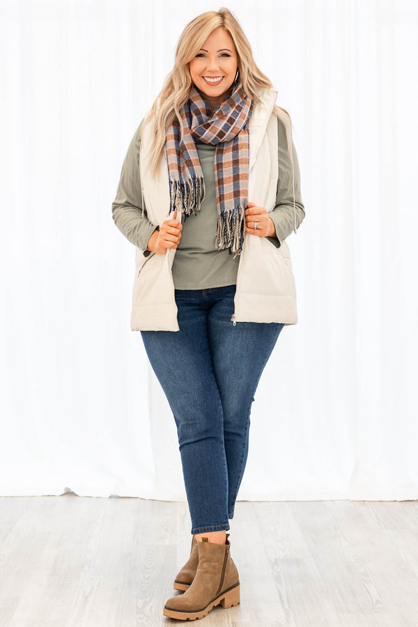 Chic Soul plus size clothing accssory shawl in yellow, brown, and blue colors in a plaid design.