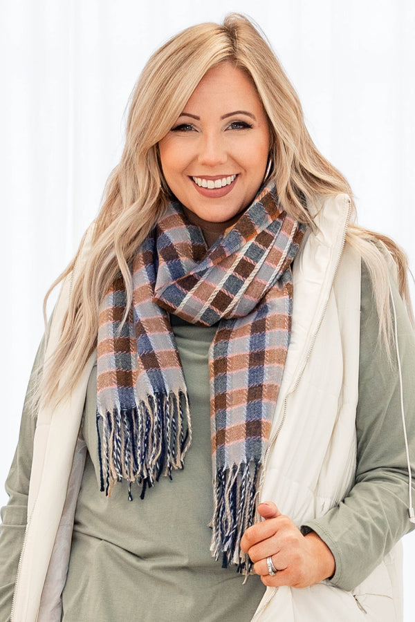 Chic Soul plus size clothing accssory shawl in yellow, brown, and blue colors in a plaid design.