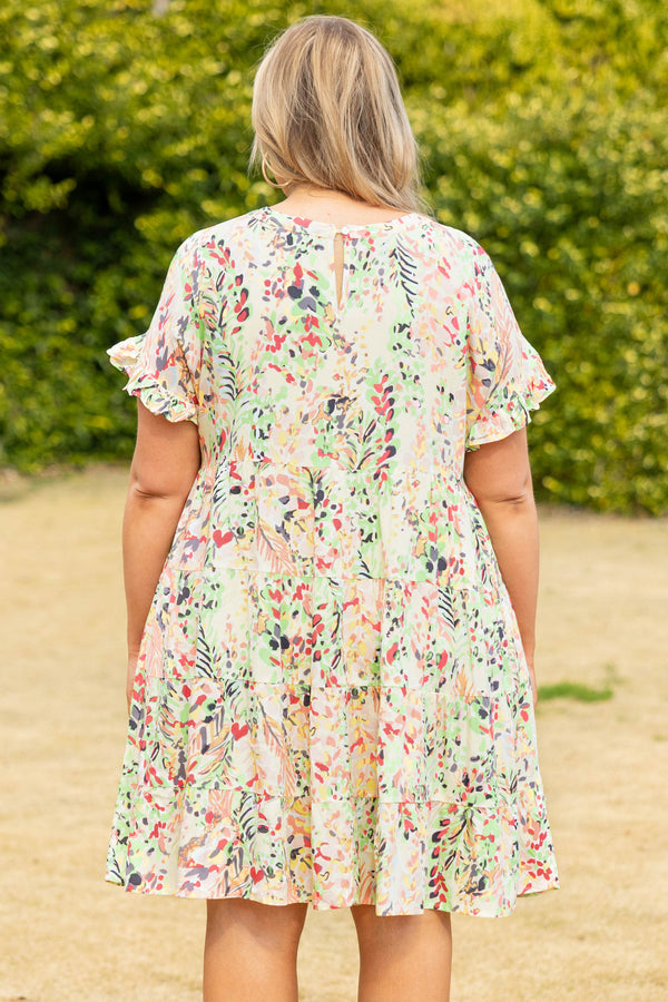 Chic Soul plus size clothing, cream multi color floral pattern mix short flutter sleeve casual dress