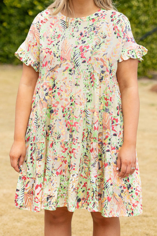 Chic Soul plus size clothing, cream multi color floral pattern mix short flutter sleeve casual dress