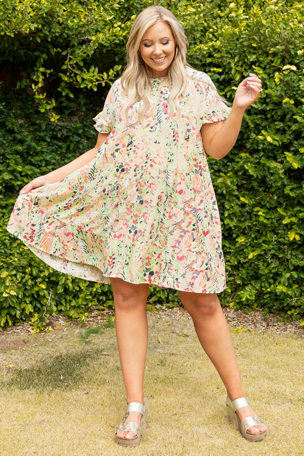 Chic Soul plus size clothing, cream multi color floral pattern mix short flutter sleeve casual dress