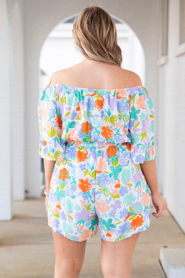 Chic Soul plus size clothing, multicolor floral print off the shoulder romper with ruffle sleeves