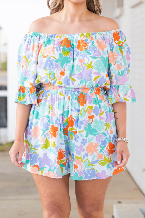 Chic Soul plus size clothing, multicolor floral print off the shoulder romper with ruffle sleeves