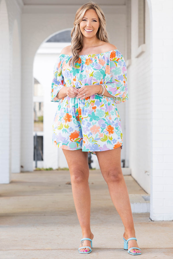 Chic Soul plus size clothing, multicolor floral print off the shoulder romper with ruffle sleeves