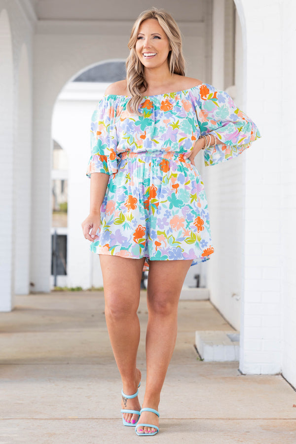 Chic Soul plus size clothing, multicolor floral print off the shoulder romper with ruffle sleeves