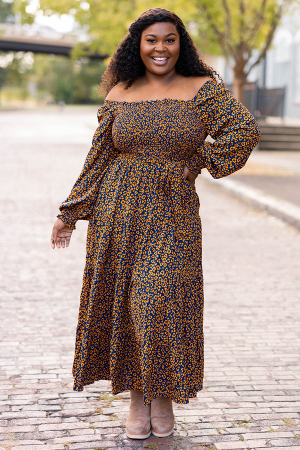 Chic Soul plus size clothing, navy floral off the shoulder babydoll midi dress