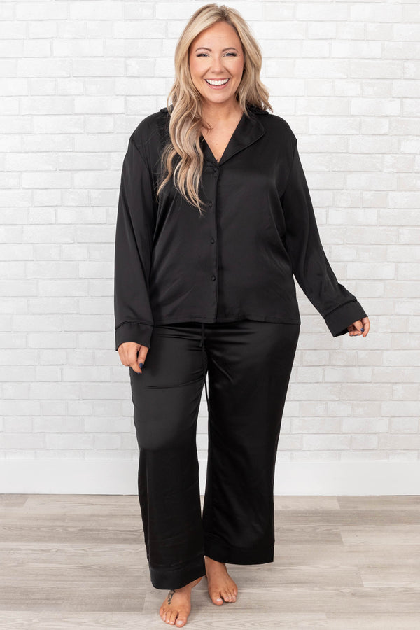 Chic Soul plus size clothing, black drawstring satin sleep pant