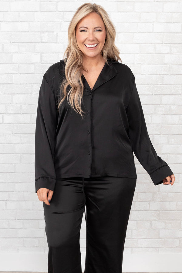 Chic Soul plus size clothing, black button down satin sleep top