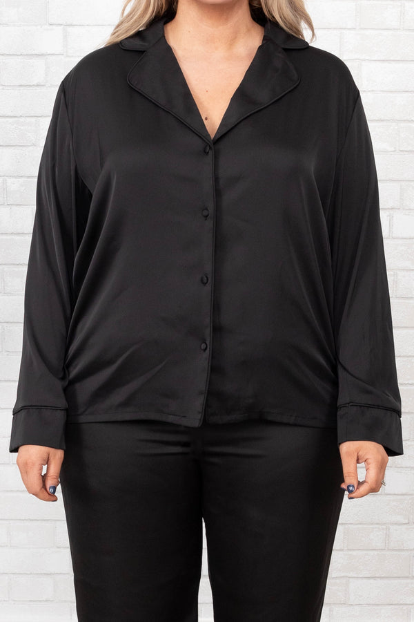 Chic Soul plus size clothing, black button down satin sleep top