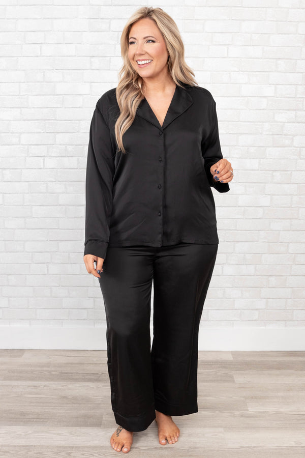 Chic Soul plus size clothing, black drawstring satin sleep pant