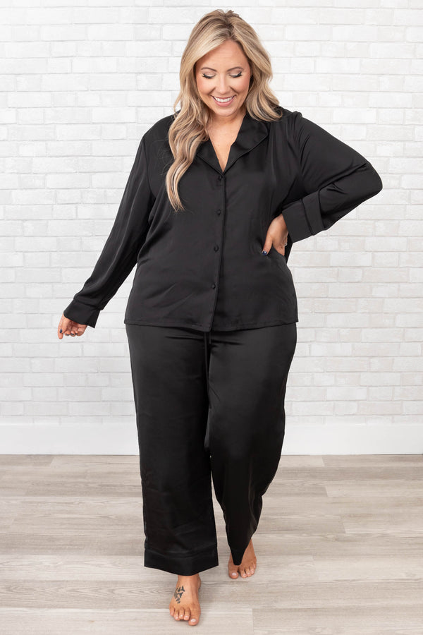 Chic Soul plus size clothing, black button down satin sleep top