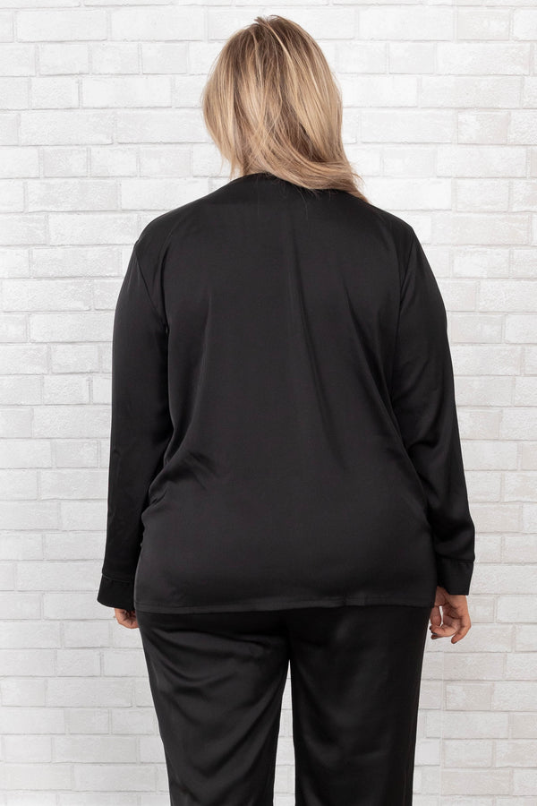 Chic Soul plus size clothing, black button down satin sleep top
