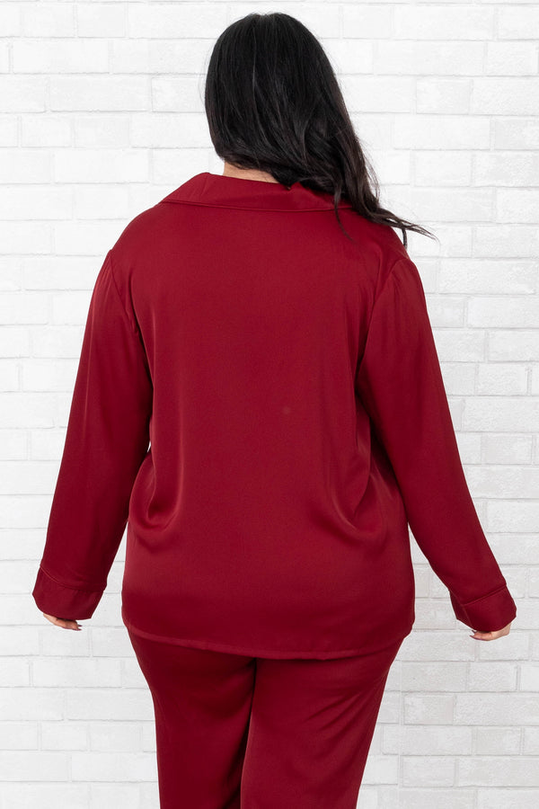 Chic Soul plus size clothing, wine button down silk sleep shirt