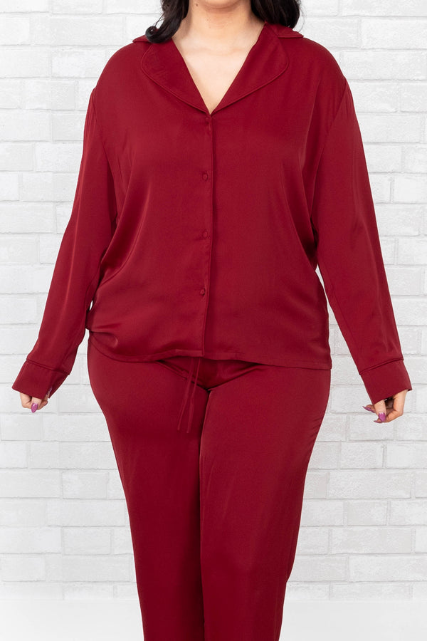 Chic Soul plus size clothing, wine button down silk sleep shirt