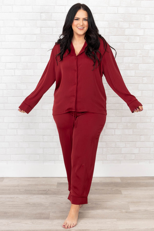 Chic Soul plus size clothing, wine button down silk sleep shirt