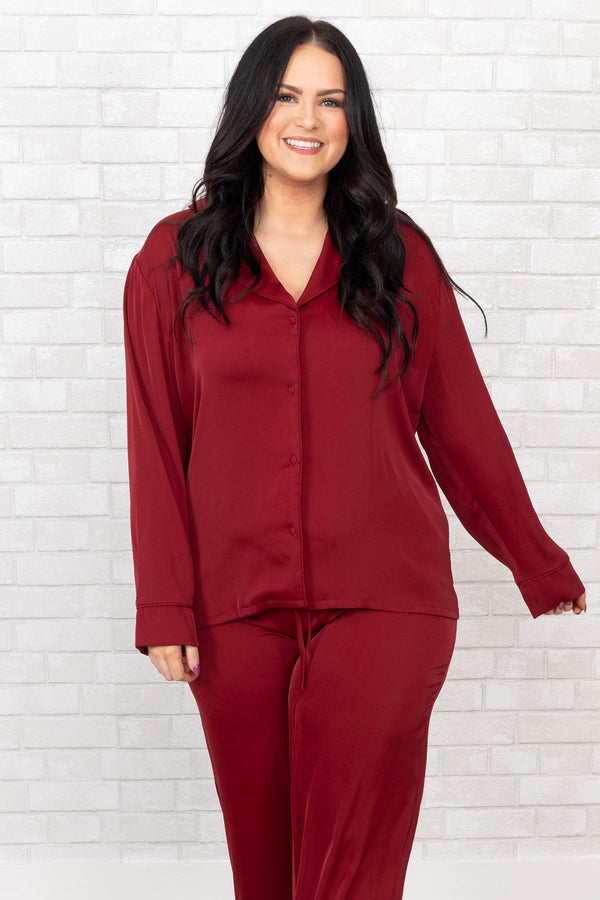 Chic Soul plus size clothing, wine button down silk sleep shirt