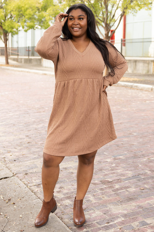 Chic Soul plus size clothing, camel v neck long sleeve dress