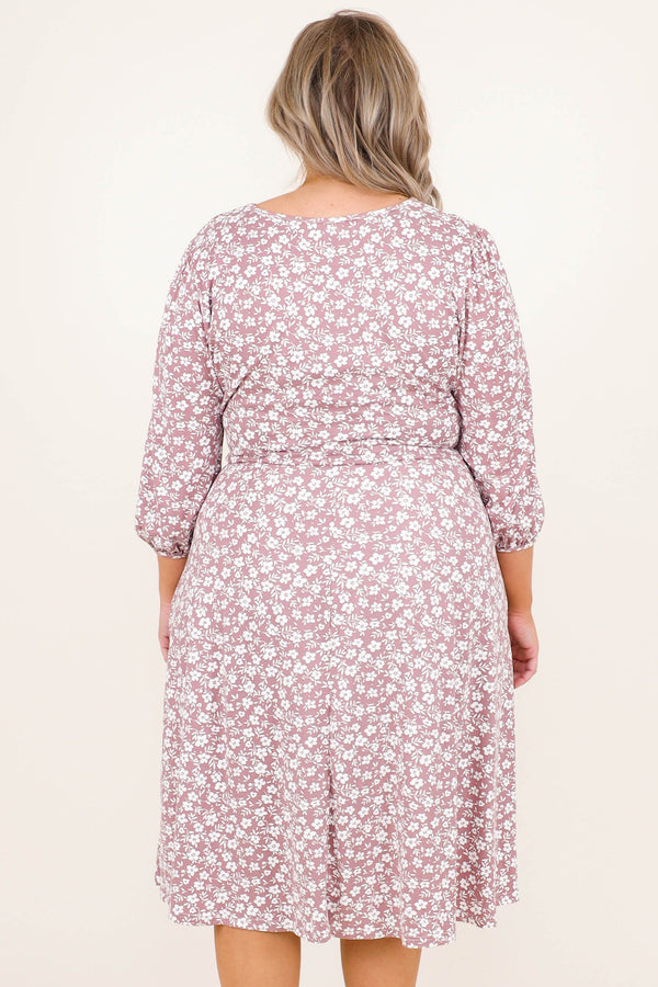 Chic Soul plus size clothing, mauve floral design 3/4 length bubble sleeve dress with tie waist
