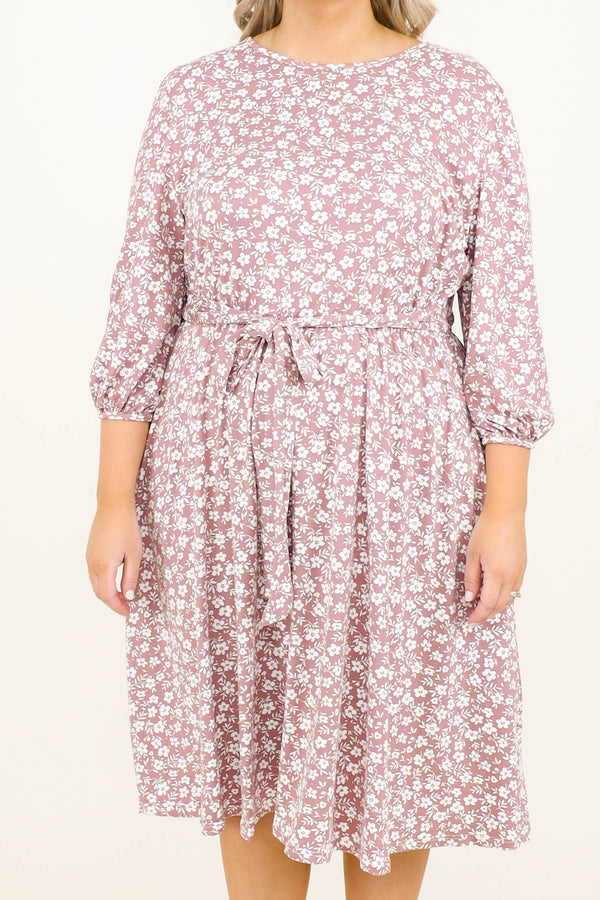 Chic Soul plus size clothing, mauve floral design 3/4 length bubble sleeve dress with tie waist