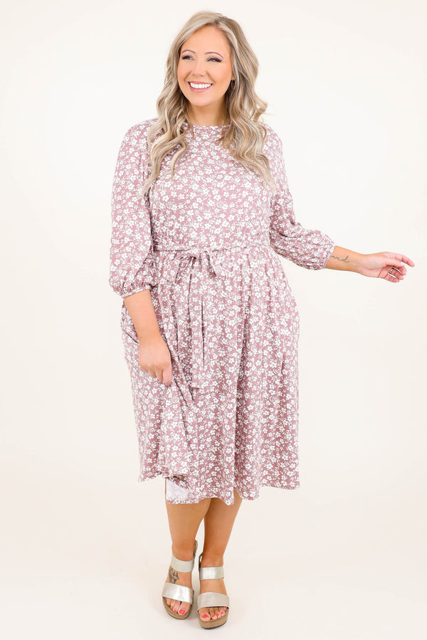 Chic Soul plus size clothing, mauve floral design 3/4 length bubble sleeve dress with tie waist