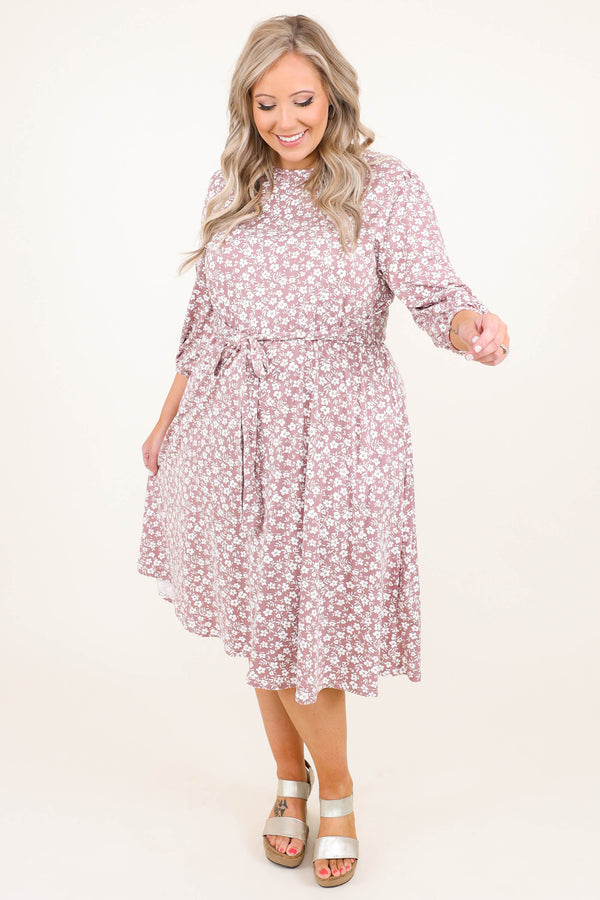 Chic Soul plus size clothing, mauve floral design 3/4 length bubble sleeve dress with tie waist