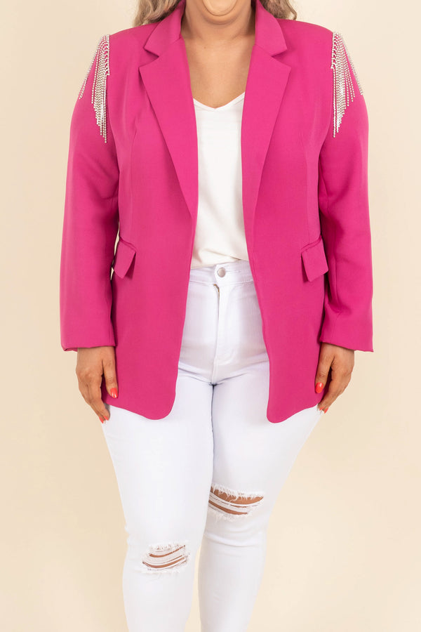 Chic Soul plus size clothing, hot pink blazer with embellished rhinestone fringe on shoulders