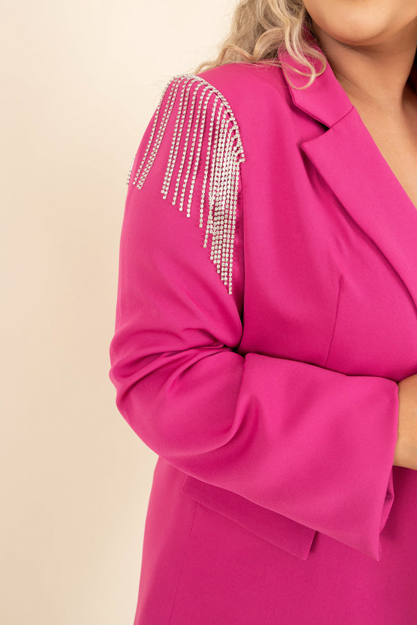 Chic Soul plus size clothing, hot pink blazer with embellished rhinestone fringe on shoulders