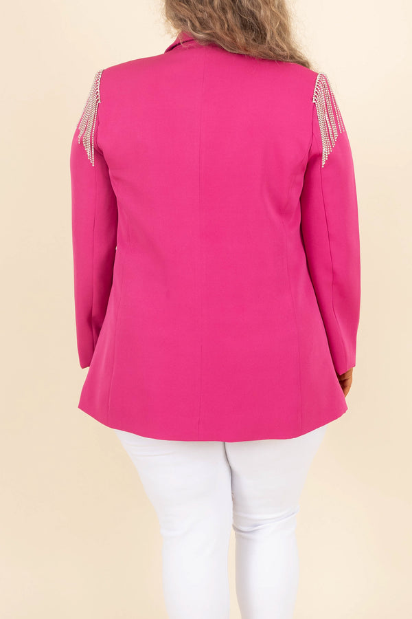 Chic Soul plus size clothing, hot pink blazer with embellished rhinestone fringe on shoulders