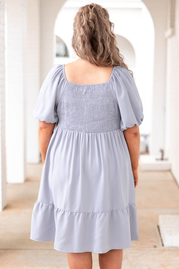Chic Soul plus size clothing, fog blue babydoll style dress with puff sleeves