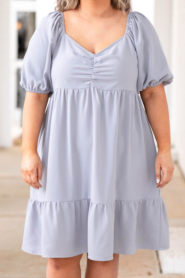 Chic Soul plus size clothing, fog blue babydoll style dress with puff sleeves
