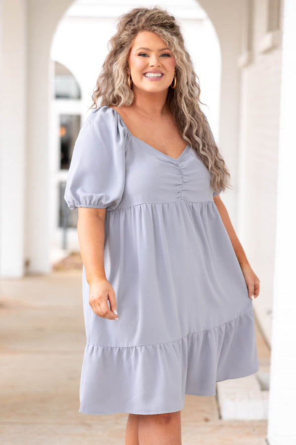 Chic Soul plus size clothing, fog blue babydoll style dress with puff sleeves