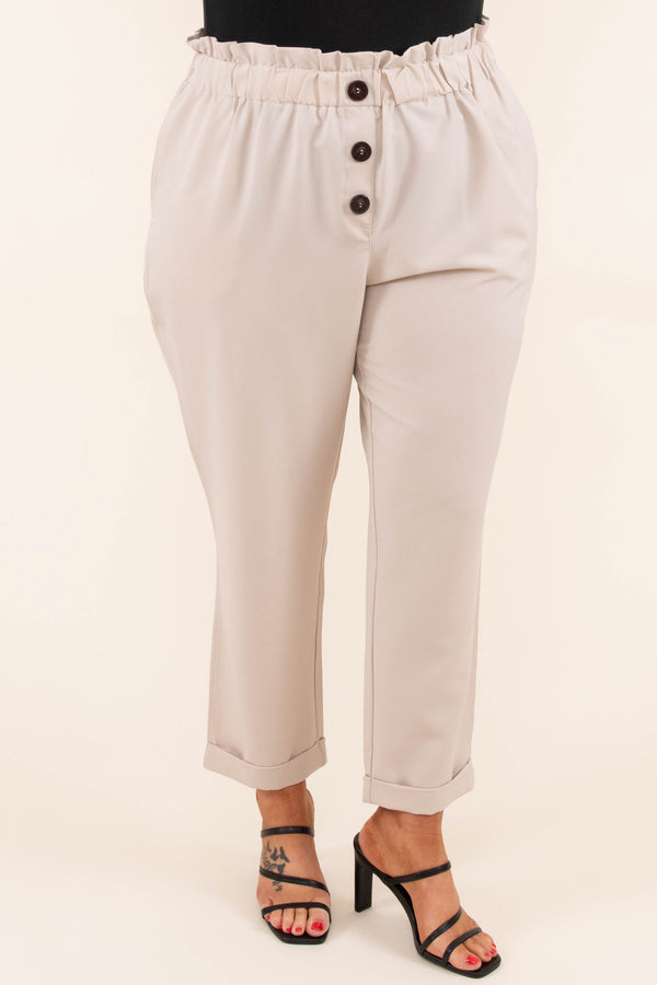 Chic Soul plus size clothing, beige pants with a cinched waist and faux buttons