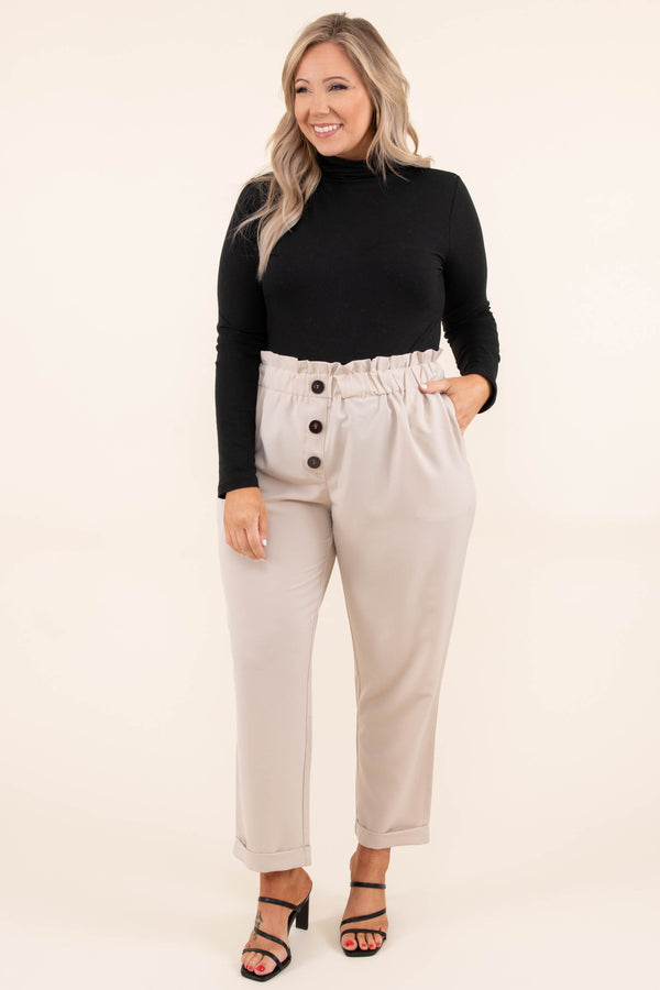 Chic Soul plus size clothing, beige pants with a cinched waist and faux buttons
