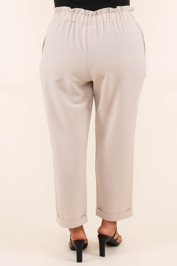 Chic Soul plus size clothing, beige pants with a cinched waist and faux buttons