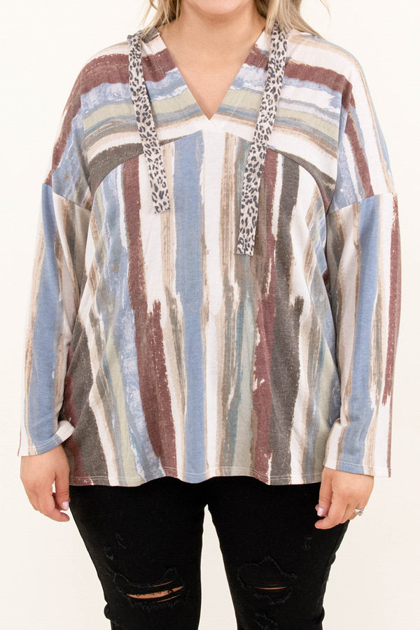 Chic Soul plus size clothing, v neck long sleeve beige top with abstract multicolor striped pattern