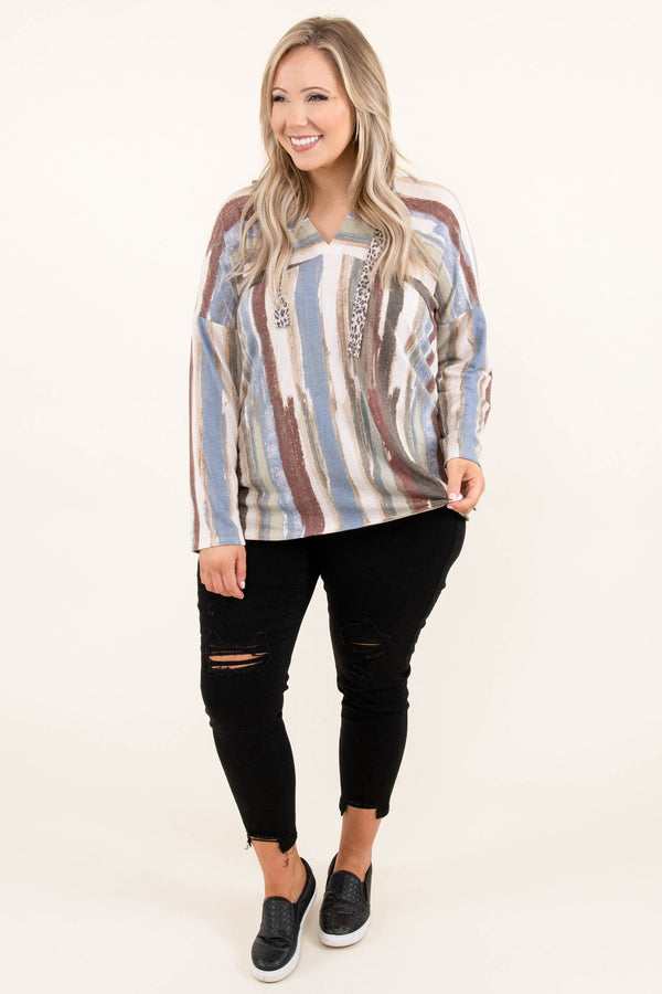 Chic Soul plus size clothing, v neck long sleeve beige top with abstract multicolor striped pattern